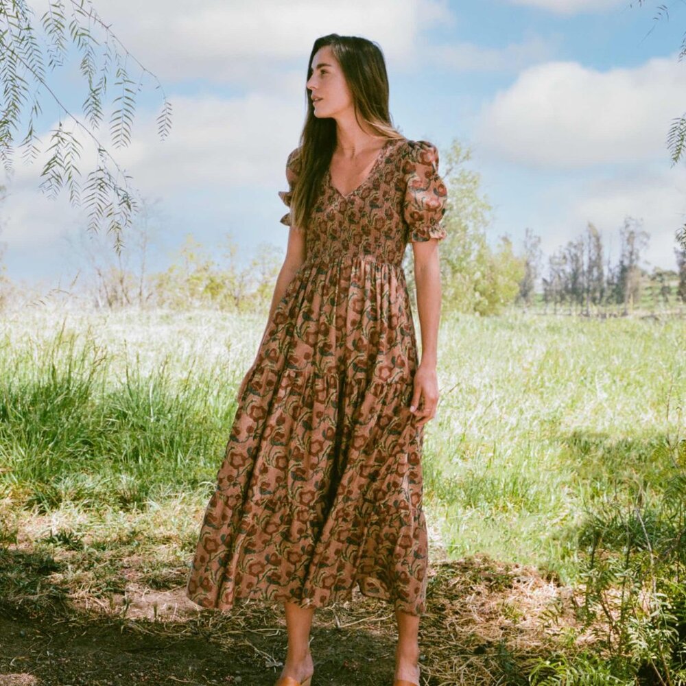 Christy Dawn Mauve Floral Puff-Sleeve Midi Dress